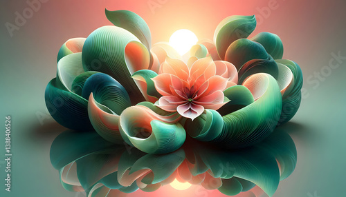 A futuristic spring-inspired abstract composition, swirling patterns of neon green leaves and soft coral flower petals merging into a glossy glass-like surface, reflecting a holographic sunrise, seaml
