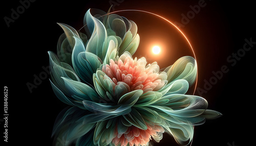 A futuristic spring-inspired abstract composition, swirling patterns of neon green leaves and soft coral flower petals merging into a glossy glass-like surface, reflecting a holographic sunrise, seaml