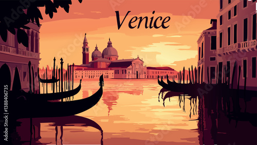 Venice with Canals Reflecting Sunset in Vector Art.eps