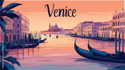 Venice with Sunset Reflections on Canals in Digital Drawing.eps