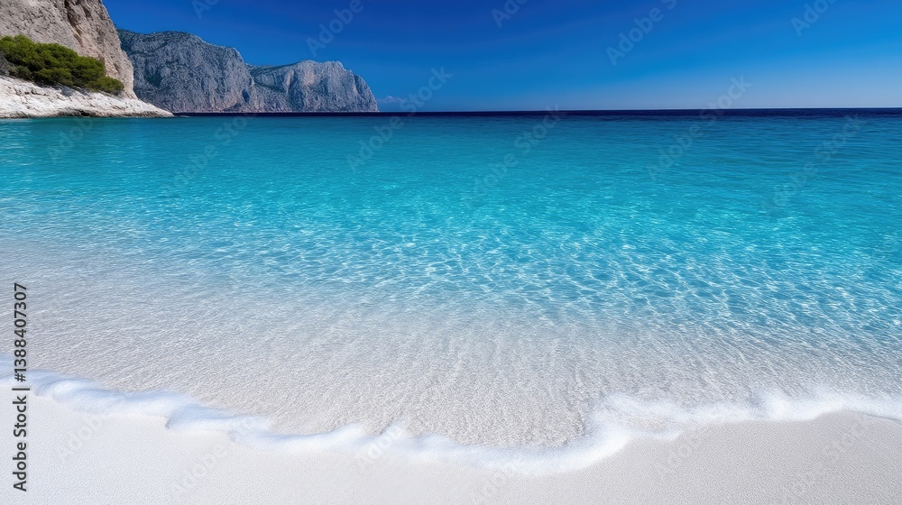 Obraz premium Tranquil, azure waters lap a pristine white beach, bordered by dramatic cliffs under a vibrant sky