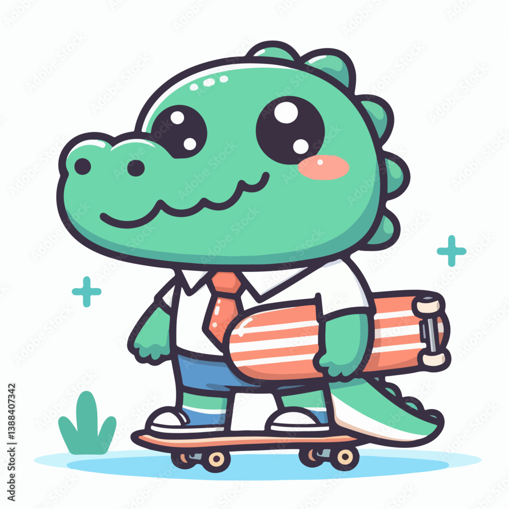 Obraz premium cute cartoon vector illustration of crocodile playing skateboard