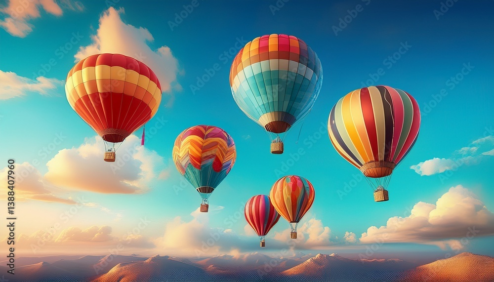 Fototapeta premium five colorful hot air balloons are floating in the sky