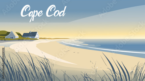 Cape Cod Beach Scene at Sunset in Digital Illustration