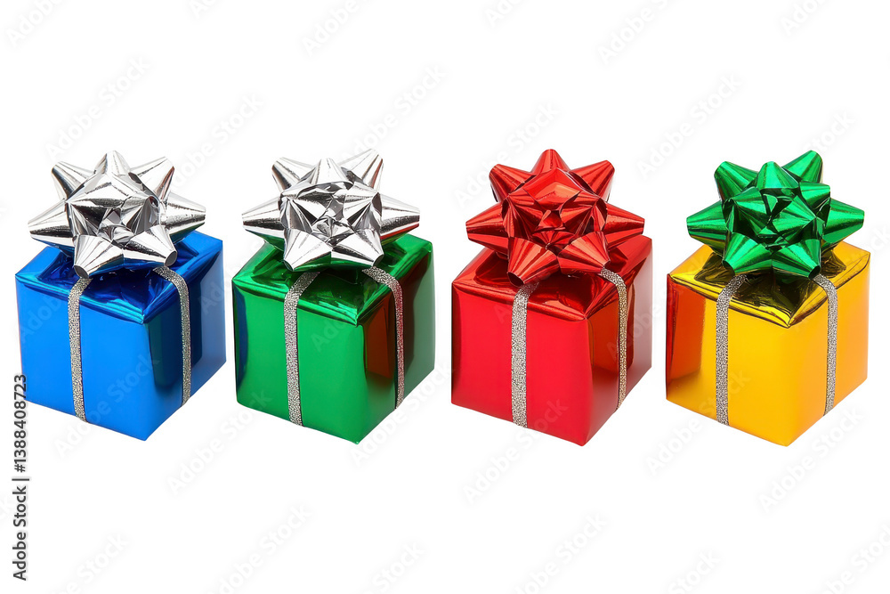 A Colorful gift boxes with shiny bows are arranged row, featuring blue, green, red, and yellow wrapping. Each box is adorned with metallic ribbon and large bow, creating festive and cheerful A Colorful gift boxes with shiny bows are arranged row, featuring blue, green, red, and yellow wrapping. Each box is adorned with metallic ribbon and large bow, creating festive and cheerful