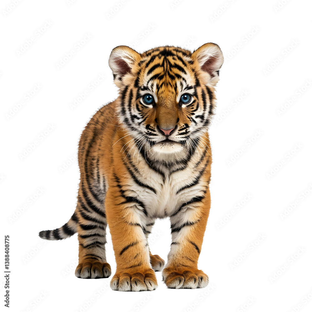 A tiger cub stands on a transparent background. A tiger cub stands on a transparent background.