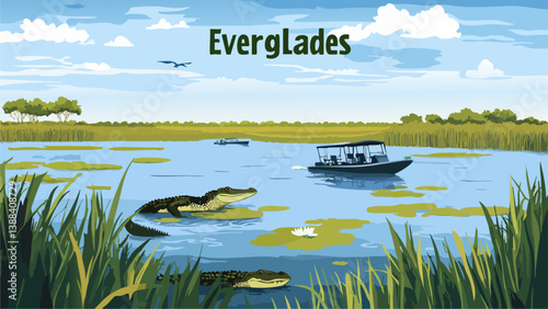 Everglades National Park with Airboats and Watery Grasslands in Digital Art