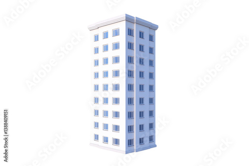 A tall, white, modern apartment building with multiple windows stands isolated against clear background, showcasing its architectural design and symmetry