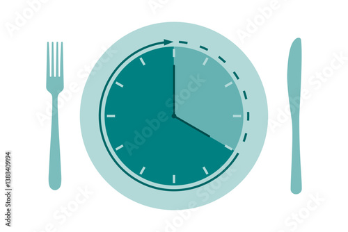 Dinner plate and cutlery with clock symbol for intermittent fasting diet concept in vector