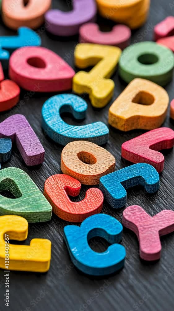 Colorful wooden letters scattered on a dark surface create a playful atmosphere for learning and creativity