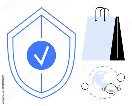 Blue shield with checkmark, modern shopping bag, and orbital globe signify secure e-commerce, cyber safety, global trade, and online shopping. Ideal for security, e-commerce concepts, fintech global