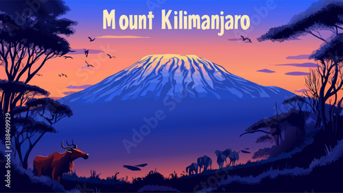 Mount Kilimanjaro with Stunning Sunrise and Wildlife in Digital Art