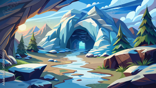 Landscape view of an ice cave entrance with snow-covered rocks and soft winter sunlight