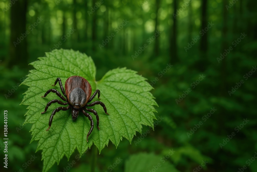 Naklejka premium Tick resting on a green leaf in a forest setting 