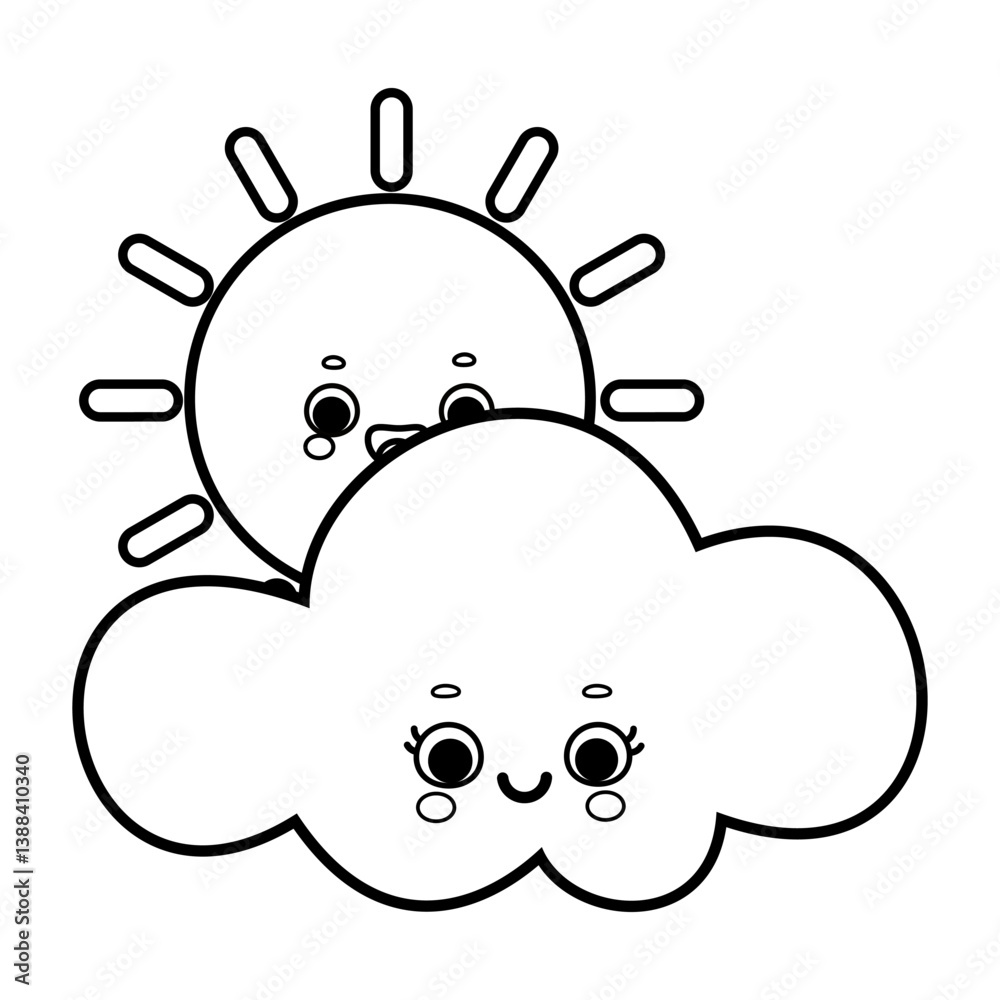 Cute cartoon sun and cloud vector illustration in black and white isolated on white background Cute cartoon sun and cloud vector illustration in black and white isolated on white background