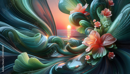 A futuristic spring-inspired abstract composition, swirling patterns of neon green leaves and soft coral flower petals merging into a glossy glass-like surface, reflecting a holographic sunrise, seaml