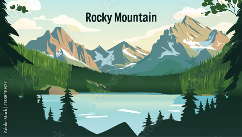 Rocky Mountain with Snow-Dusted Peaks and Winding Trails in Vector Art