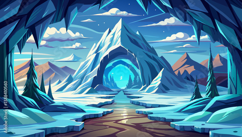 A surreal ice cave passageway leading to an opening with a snowy mountain view.