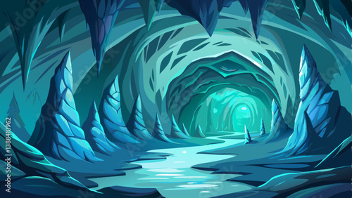 A deep ice cave with glowing tunnels carved by nature, mysterious and silent.