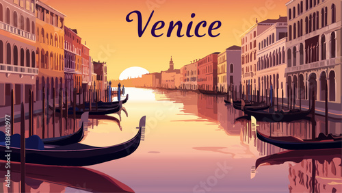 Venice at Sunset with Romantic Canals and Gondolas in Digital Art