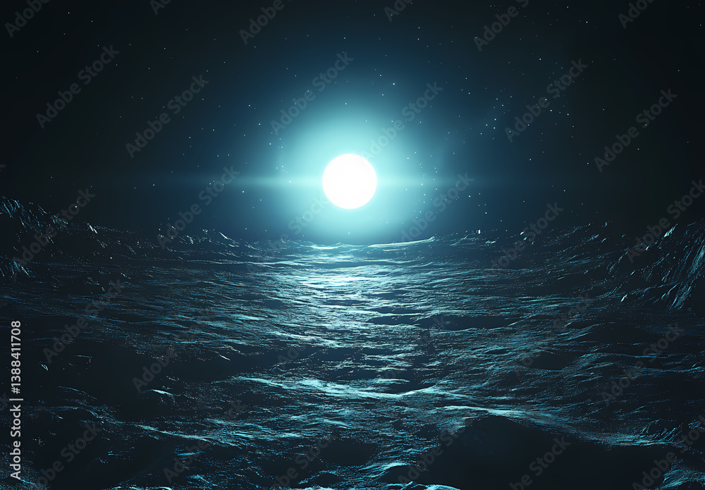 Luminous Celestial Sphere over the Oceanic Expanse: A celestial spectacle unfolds as a brilliant sphere emits a radiant glow over the vast, textured ocean. Luminous Celestial Sphere over the Oceanic Expanse: A celestial spectacle unfolds as a brilliant sphere emits a radiant glow over the vast, textured ocean.