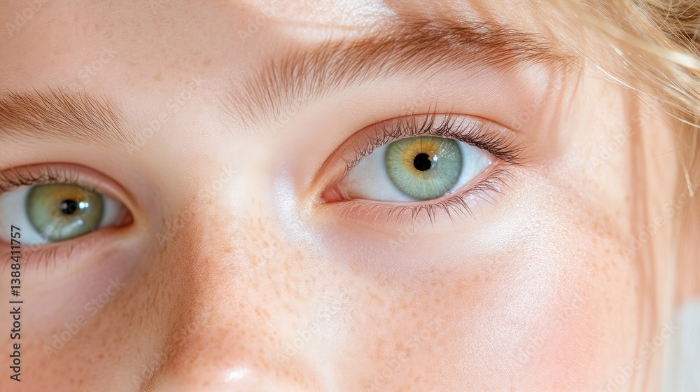 Obraz premium Close-up of a child's expressive eyes and freckled skin. Natural beauty, youthful, healthy complexion