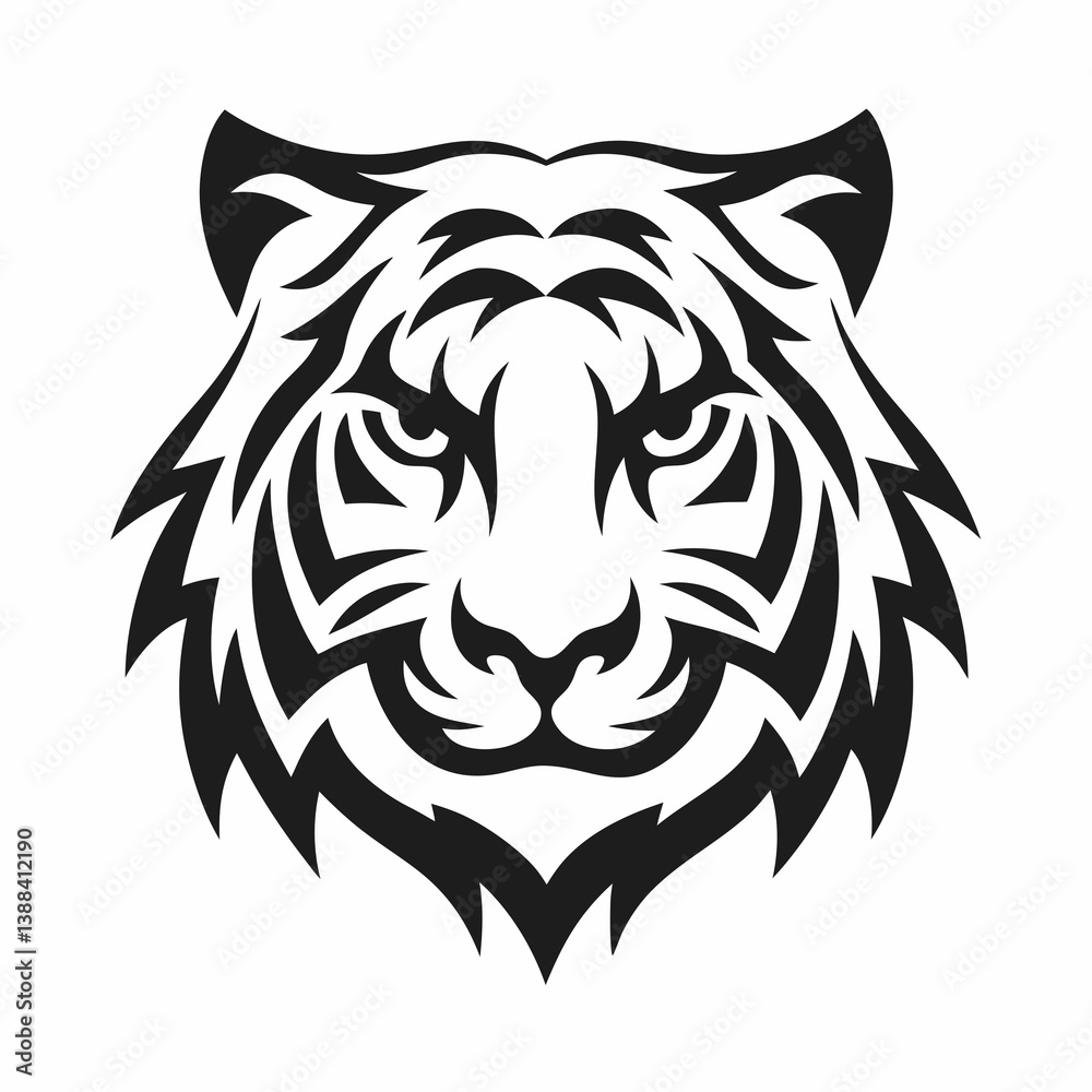 Fototapeta premium Tiger Face Logo. Front-facing tiger head in clean black and white. Concept: focus, dominance, intensity. Great for sports branding, tattoos, streetwear, team logos, or book covers.