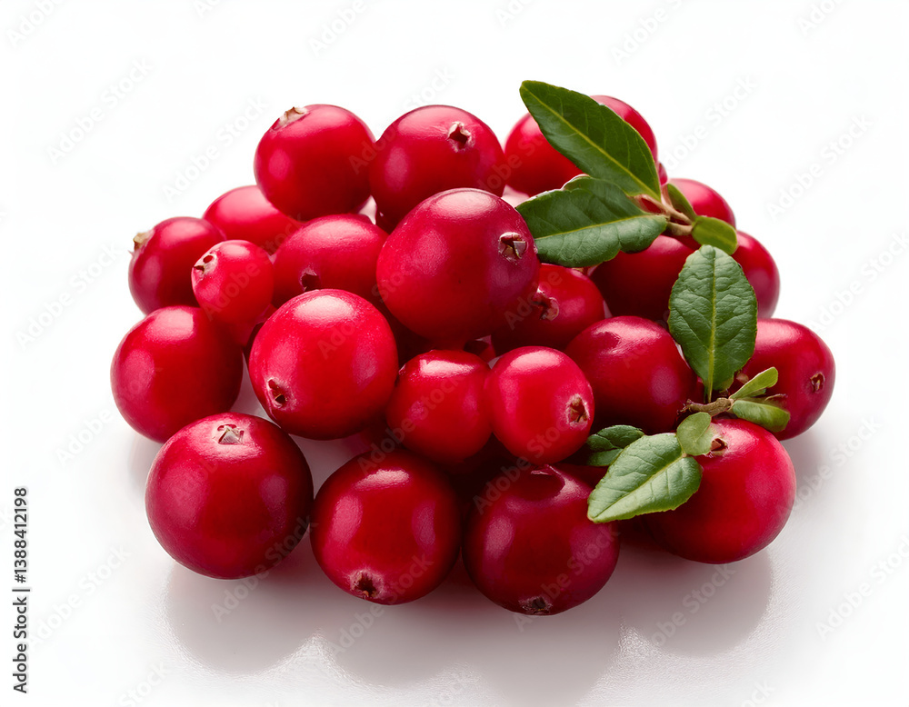 Pile of cranberries with green leaves on white surface Pile of cranberries with green leaves on white surface