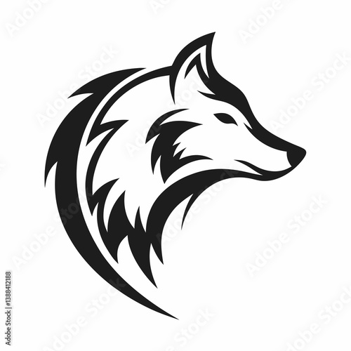 
Fierce wolf head looking right with determined expression, minimalist black and white logo design with sharp angles. Perfect for wilderness themes. Concept: outdoor gear, sports teams