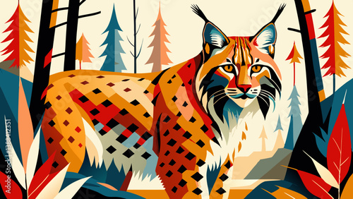 Stylized lynx looks forward in vector forest scene. Graphic lynx in red forest style looks at viewer with alert gaze, digital art in folk palette evokes wild nature. Wildlife apps, zoo branding, educa