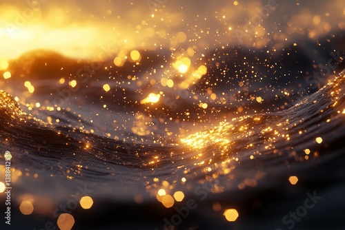 Golden fireflies over forest pond at twilight. AI generative
