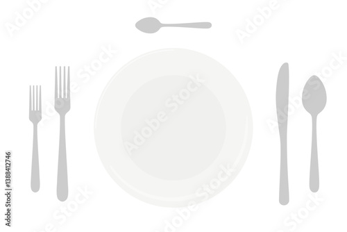 Table setting top view of a dinner plate with full set of knives and forks in vector