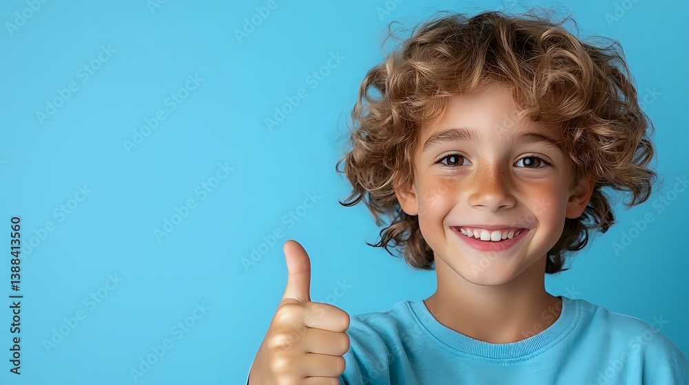 Cheerful young boy with curly hair showing thumbs up gesture against blue background, wearing turquoise t-shirt, expressing positivity and success. Cheerful young boy with curly hair showing thumbs up gesture against blue background, wearing turquoise t-shirt, expressing positivity and success.