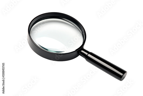 A black magnifying glass with clear lens is shown on transparency background, highlighting its sleek design and functionality photo