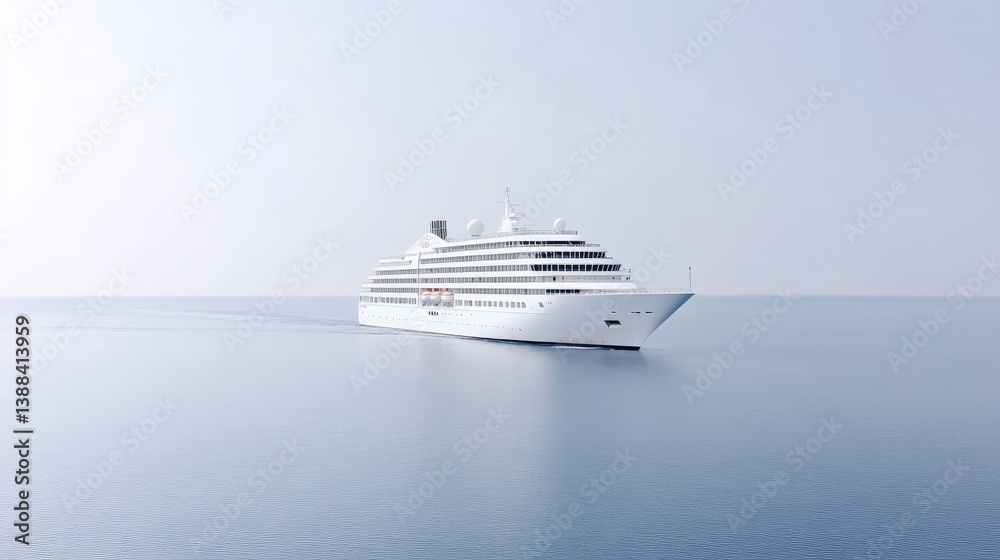 Obraz premium A large, white cruise ship sails on a calm ocean. The ship is the central focus, appearing sleek and modern. The image features a minimalist composition with a clear sky and sea. Its a high-quality p