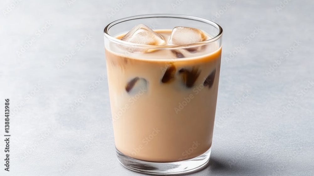 A glass of iced coffee sits on a gray surface. The coffee is light brown, with visible ice cubes. The background is a simple, blurred gray. The image is well-lit and high-quality. It has a clean, m A glass of iced coffee sits on a gray surface. The coffee is light brown, with visible ice cubes. The background is a simple, blurred gray. The image is well-lit and high-quality. It has a clean, m