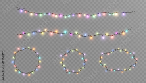 Set of colorful Christmas string lights in linear and circular shapes on transparent background. Perfect for festive decorations, holiday banners, or seasonal design elements.

