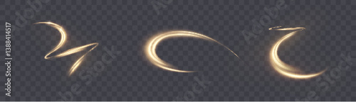 Set of abstract golden light whistles with blurry light and curved trails on transparent background. Perfect for magic spells, energy animations, fantasy effects.