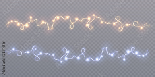 Christmas garlands with glowing warm bulbs and glitter on a transparent background. Perfect for party banners, holiday scenes, weddings or elegant evening decorations.