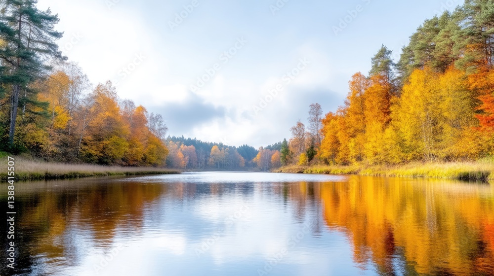 Heres a description of the image A calm river reflects vibrant autumn foliage. Trees in shades of gold and orange line both banks. The image is high resolution, with clear detail and natural lighti Heres a description of the image A calm river reflects vibrant autumn foliage. Trees in shades of gold and orange line both banks. The image is high resolution, with clear detail and natural lighti