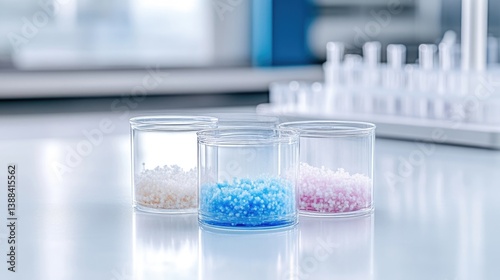 Colorful granular substances in clear cylindrical containers on a lab table