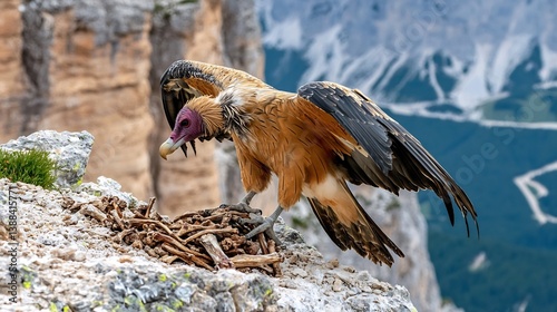 Bearded vulture dropping bones rocks Alpine scavenger dramatic mountain cliff backdro