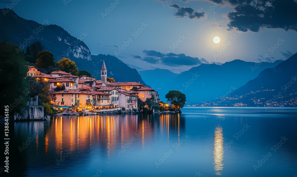Naklejka premium Moonlit Village by the Lake: The full moon casts a serene glow over a quaint village nestled by the tranquil lake and majestic mountain range, reflecting in the calm waters. Capture the peaceful.