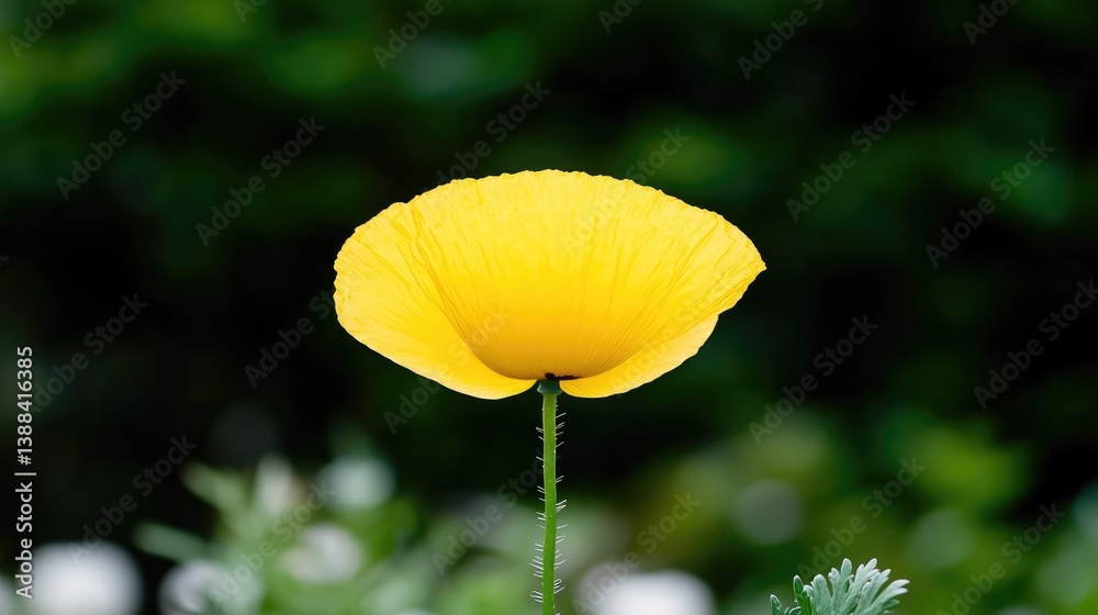 Obraz premium A vibrant yellow poppy dominates the image, its petals delicate yet full. The blurred background shows muted greens, suggesting a garden setting. The photos high quality reveals fine petal details.