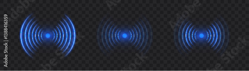 Blue glowing wave pulse set on transparent dark background. Perfect for sound radar, signal UI, futuristic HUD or broadcasting interface design.
