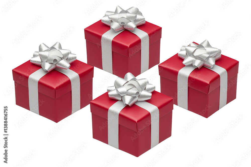 Obraz premium A Four red gift boxes with shiny silver ribbons and bows are arranged in festive display, perfect for celebrations and special occasions. vibrant red and metallic accents create joyful atmosphere