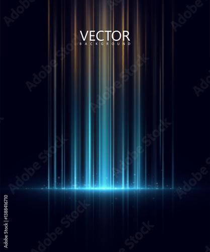 Abstract glowing background with vertical neon rays in blue and gold tones on a dark background. for sci-fi scenes, digital design, futuristic interfaces.