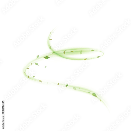 Curved light green trail with drifting leaves on white background. Ideal for eco-branding, organic cosmetics.