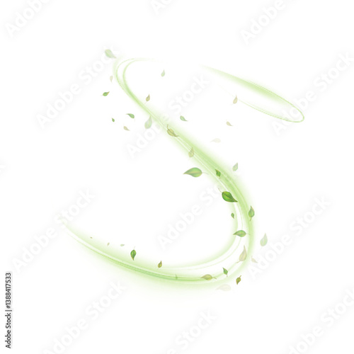 Abstract green spiral line with scattered translucent leaves on white background. Perfect for eco-friendly branding, clean energy visualization, organic product packaging.