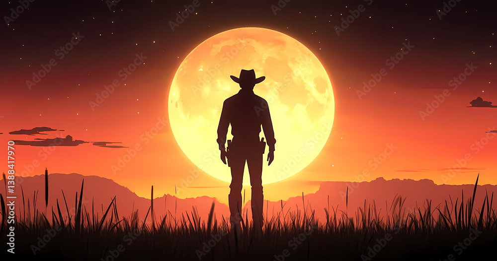 Obraz premium Western Sunset Silhouette: A solitary figure stands silhouetted against the backdrop of a mesmerizing sunset, the warm hues painting a captivating scene. A lone cowboy, under a starlit sky.